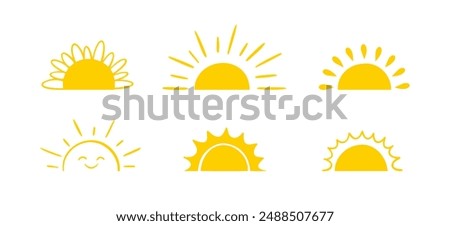 Yellow semicircle doodle half sun Hand drawn icons set in doodle style. Sunset simple graphic symbols. Summer heat icons. Half round solar element. Vector illustration