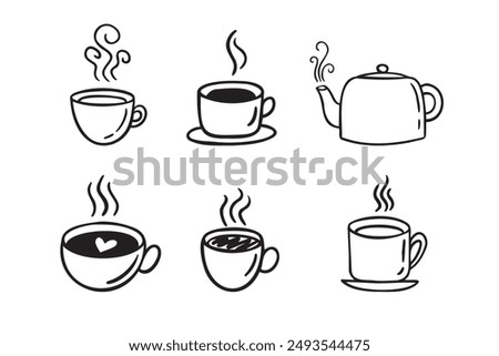 Hand drawn hot drinks set. Doodle coffee cups white background. Coffee, tea, cappuccino, espresso, latte, americano, hot chocolate. Vector illustration