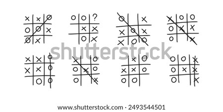 Hand drawn tic tac toe game, doodle X-O children game. Noughts and win. Play tictactoe draw. Vector illustration