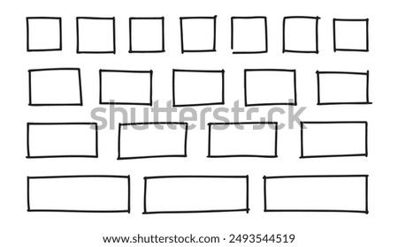 Free outline hand drawn squares, rectangles different sizes. Scribble rectangular frames set. Freehand square borders. Text highlight underline. . Vector illustration