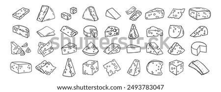 Cheese Doodle hand drawn line icon set. Different piece slice cheese for menu, design restaurant, cafe. Vector illustration