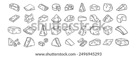 Cheese Doodle hand drawn line icon set. Different piece slice cheese for menu, design restaurant, cafe. Vector illustration