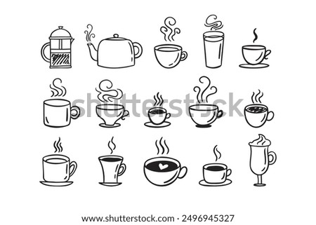 Hand drawn hot drinks set. Doodle coffee cups white background. Coffee, tea, cappuccino, espresso, latte, americano, hot chocolate. Vector illustration