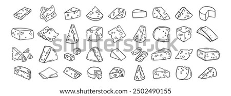 Cheese Doodle hand drawn line icon set. Different piece slice cheese for menu, design restaurant, cafe. Vector illustration