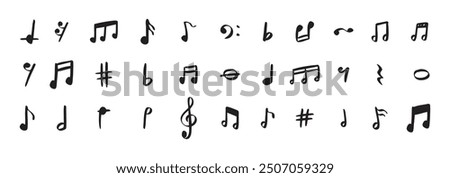 Notes doodle set hand drawn with a black pen. Sketch music drawing note . Vector illustration