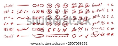 English test exam red pen mark. School teacher test. A B C D Doodle outline hand drawn style. Vector illustration