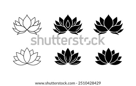 Lotus flower silhouette logo. Set black lotus symbol isolated on white background. Lotus icon, sign yoga and meditation for spa salon. Vector illustration