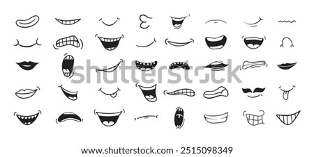 Cartoon mouth happy, smile, sad, angry expression doodle set. Hand drawn mouth, tongue caricature icon. Funny comic mouth collection . Vector illustration