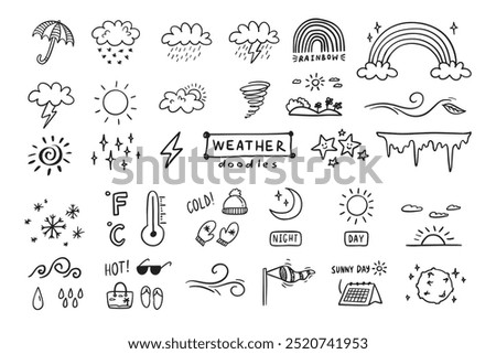 Weather Doodle sketch icons cartoon line hand drawn illustration for concept design. Kids cute style. Vector illustration