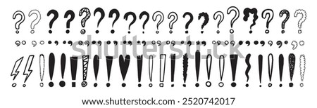 Doodle exclamation marks, question marks. Punctuation drawing black marks, Hand drawn exclamation point. Vector illustration