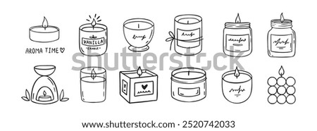 Candle doodle hand drawn icon set. Different shapes of wax candles, cubes, cylinders, balls. Burning candles. Vector illustration