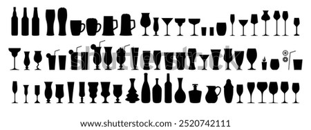 Silhouettes various alcohol cocktail glasses bar set. Black Isolated Glasses of wine, glasses of beer, bar bottles and shot glasses. Vector illustration