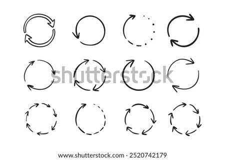 Round circle doodle arrows. Hand drawn arrow icons set. Recycle sketch signs. Repeat line symbols. Vector illustration