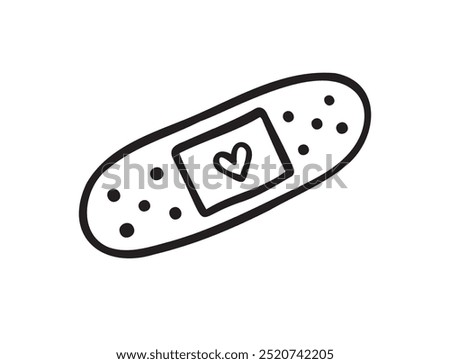 Hand drawn aid band plaster with heart care isolated on white background. doodle outline style. Vector illustration