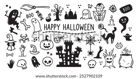 Halloween doodles black and white drawing set. Happy halloween doodle elements Design for prints, decoration of postcards and posters, stickers, sublimation. Vector illustration