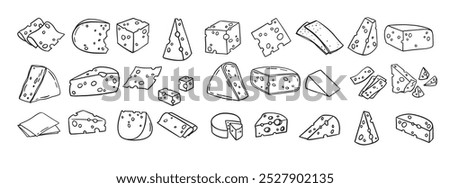 Cheese Doodle hand drawn line icon set. Different piece slice cheese for menu, design restaurant, cafe. Vector illustration