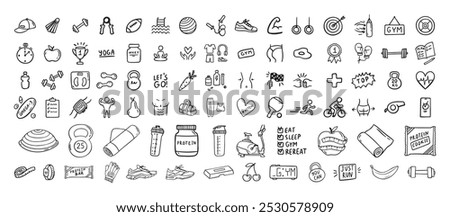 Fitness, sport and health icons doodle hand drawn set. Healthy lifestyle isolated symbols. Vector illustration