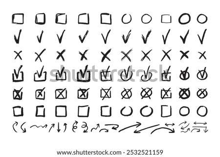 Check marks doodle black line element set, tick and a cross, empty thin box and arrow sign. Grunge hand drawn style. Vector illustration