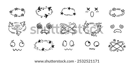 Dizziness effect drawing hand drawn doodle cartoon set. dizzy faces, birds and stars overhead emotions drawing. Vector illustration