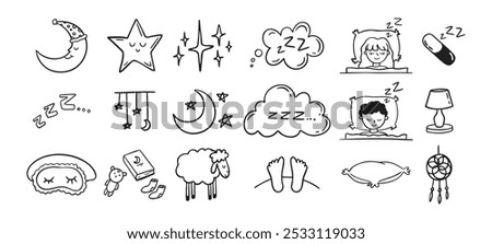 Hand drawn doodle Set of Sleep Related. Sleeping drawing icons. Vector illustration