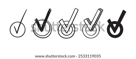 Doodle Round checkboxes with tick. Hand drawn scribble check marks with ticks Set. different doodle signs of correct answer, done, vote. Vector illustration