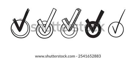 Doodle Round checkboxes with tick. Hand drawn scribble check marks with ticks Set. different doodle signs of correct answer, done, vote. Vector illustration