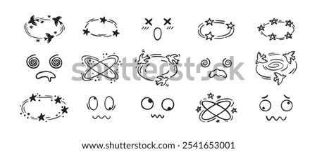 Dizziness effect drawing hand drawn doodle cartoon set. dizzy faces, birds and stars overhead emotions drawing. Vector illustration