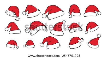 Hand drawn cartoon Santa Claus hat isolated clipart set. Doodle Christmas, New Year Santa Claus hats white and red concept. Vector illustration