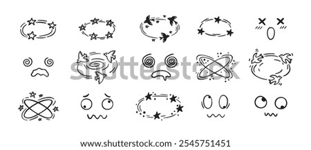 Dizziness effect drawing hand drawn doodle cartoon set. dizzy faces, birds and stars overhead emotions drawing. Vector illustration