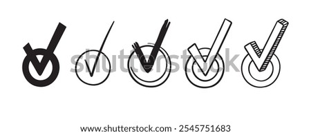 Doodle Round checkboxes with tick. Hand drawn scribble check marks with ticks Set. different doodle signs of correct answer, done, vote. Vector illustration