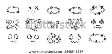 Dizziness effect drawing hand drawn doodle cartoon set. dizzy faces, birds and stars overhead emotions drawing. Vector illustration