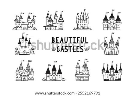 Hand drawn cartoon castle icons set. Doodle outline fairytale castle for princess, magic kingdom. Vector illustration