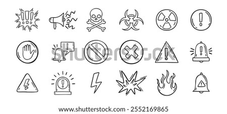 Warning doodle hand drawn icons set. Danger drawing sketch signs . Vector illustration