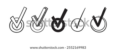 Doodle Round checkboxes with tick. Hand drawn scribble check marks with ticks Set. different doodle signs of correct answer, done, vote. Vector illustration