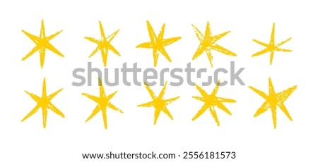 Grunge hand drawn yellow stars brush strokes and spray paint. Doodle star texture graffiti elements. Vintage ink stars. Vector illustration