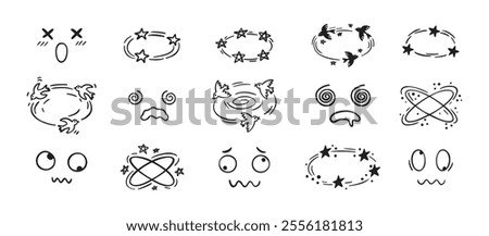 Dizziness effect drawing hand drawn doodle cartoon set. dizzy faces, birds and stars overhead emotions drawing. Vector illustration