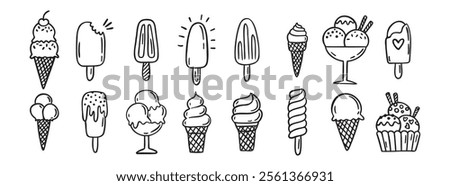 ice cream doodle hand drawn icon set. Outline drawing ice cream line clipart symbol collection. Vector illustration