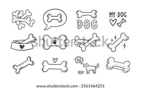 Hand drawn doodle bone for dogs set. Outline isolated drawing bones on white background. Line bone icons. . Vector illustration