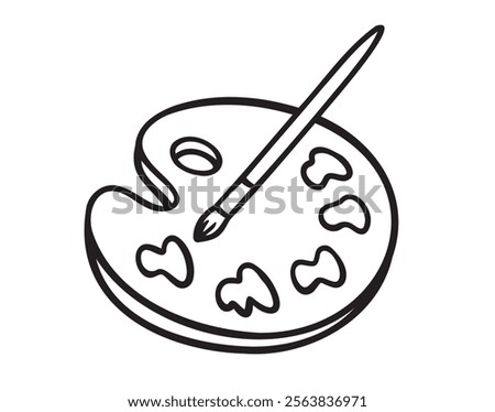 palette with paint brush doodle hand drawn icon. Outline drawing palette with paint brush line clipart symbol. Vector illustration