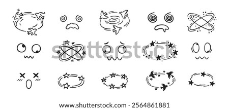 Dizziness effect drawing hand drawn doodle cartoon set. dizzy faces, birds and stars overhead emotions drawing. Vector illustration