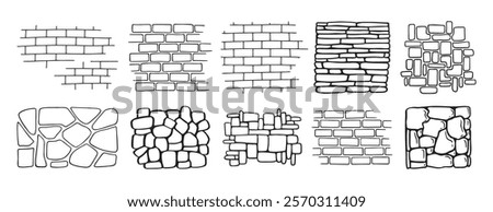 brick and stone wall textures doodle hand drawn. Outline drawing brick and stone wall textures line clipart symbol. Vector illustration