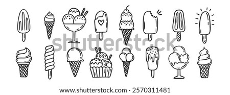 ice cream doodle hand drawn icon set. Outline drawing ice cream line clipart symbol collection. Vector illustration