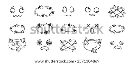 Dizziness effect drawing hand drawn doodle cartoon set. dizzy faces, birds and stars overhead emotions drawing. Vector illustration