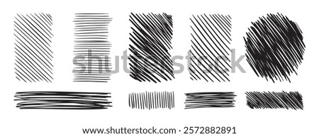 Doodle hand drawn hatching texture lines set. hatched strikethrough rectangle shapes. Diagonal, vertical, or parallel strokes. . Vector illustration