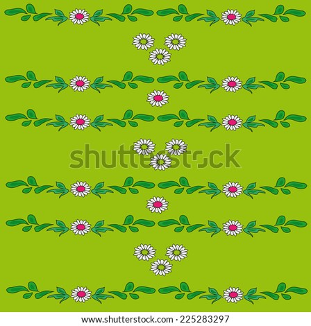 The ornament of flowers and leaves on a green background. Natural motifs.