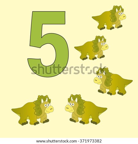 A poster for primary numeracy. Number five.Next to the number five dinosaurs.