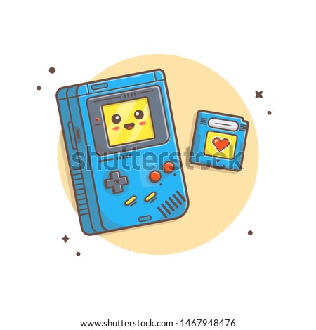 Cute Kawaii GameBoy Console with Memory Vector Illustration. Gaming Mascot Logo. Classic Old Game. Nintendo. Flat Cartoon Style Suitable for Web Landing Page, Banner, Flyer, Sticker, Card, Background