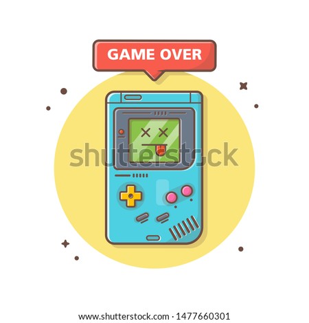 Cute Nintendo GameBoy Console Game Over Sign Vector Illustration. Gaming Mascot Logo. Character. Retro. Old. Flat Cartoon Style Suitable for Web Landing Page, Banner, Flyer, Sticker, Card, Background