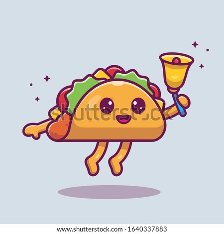 Taco Mascot Cartoon Vector Icon Illustration. Cute Taco Kid Character With Bell. Food Icon Concept White Isolated. Flat Cartoon Style Suitable for Web Landing Page, Banner, Flyer, Sticker, Card