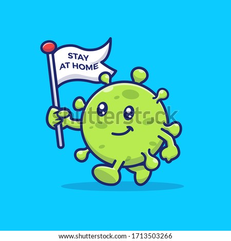 Cute Virus Holding Flag Vector Icon Illustration. Corona Mascot Cartoon Character. Virus Icon Concept Isolated. Flat Cartoon Style Suitable for Web Landing Page, Banner, Flyer, Sticker, Card